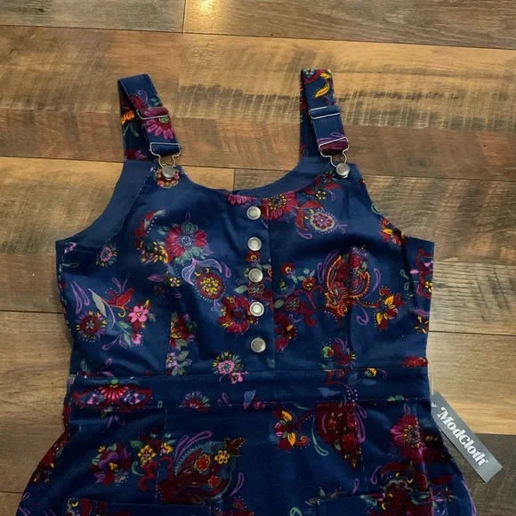 ModCloth Blue Floral Paisley Corduroy Overall Jumper Dress M NWT - Picture 2 of 5